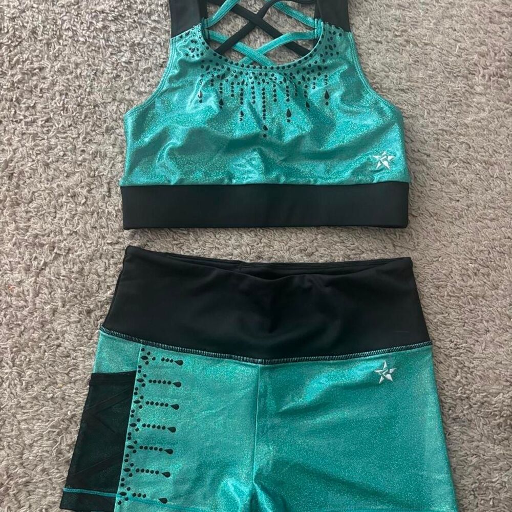 Rebel Athletic Green and Blue Rhinestone Shorts Set